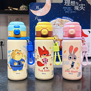 疯狂动物城朱迪尼克卡通儿童吸管保温杯316不锈钢学生便携侧兜杯