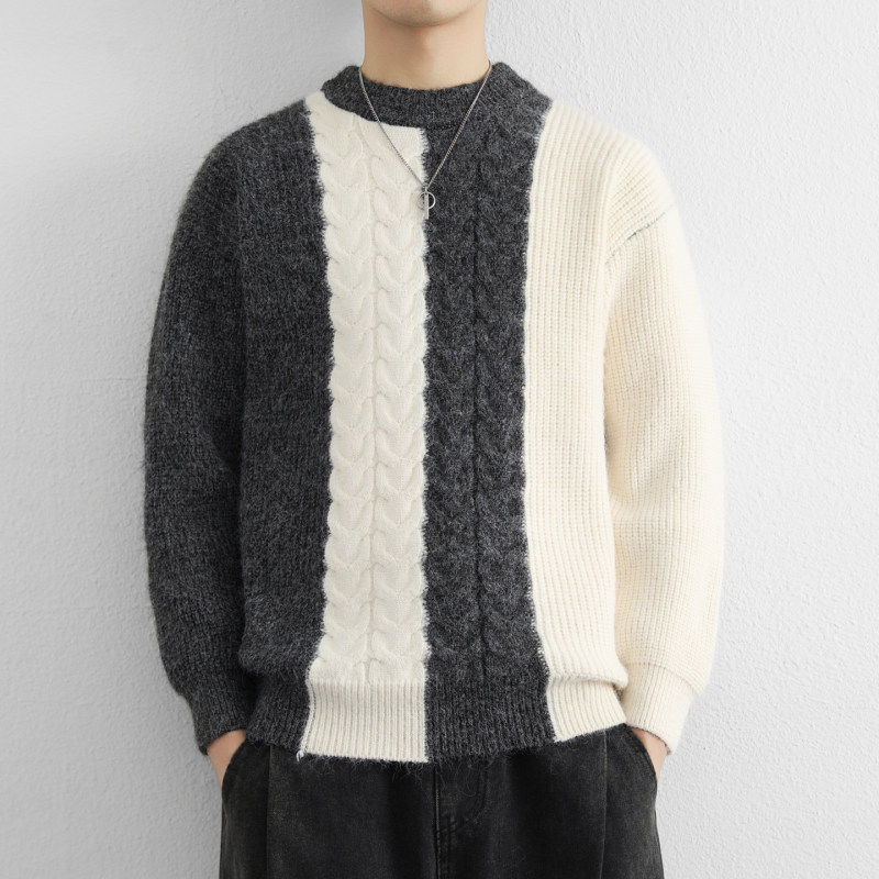 个性撞色粗线麻花毛衣男秋冬款新款潮流时尚加厚内搭针织衫毛线衣