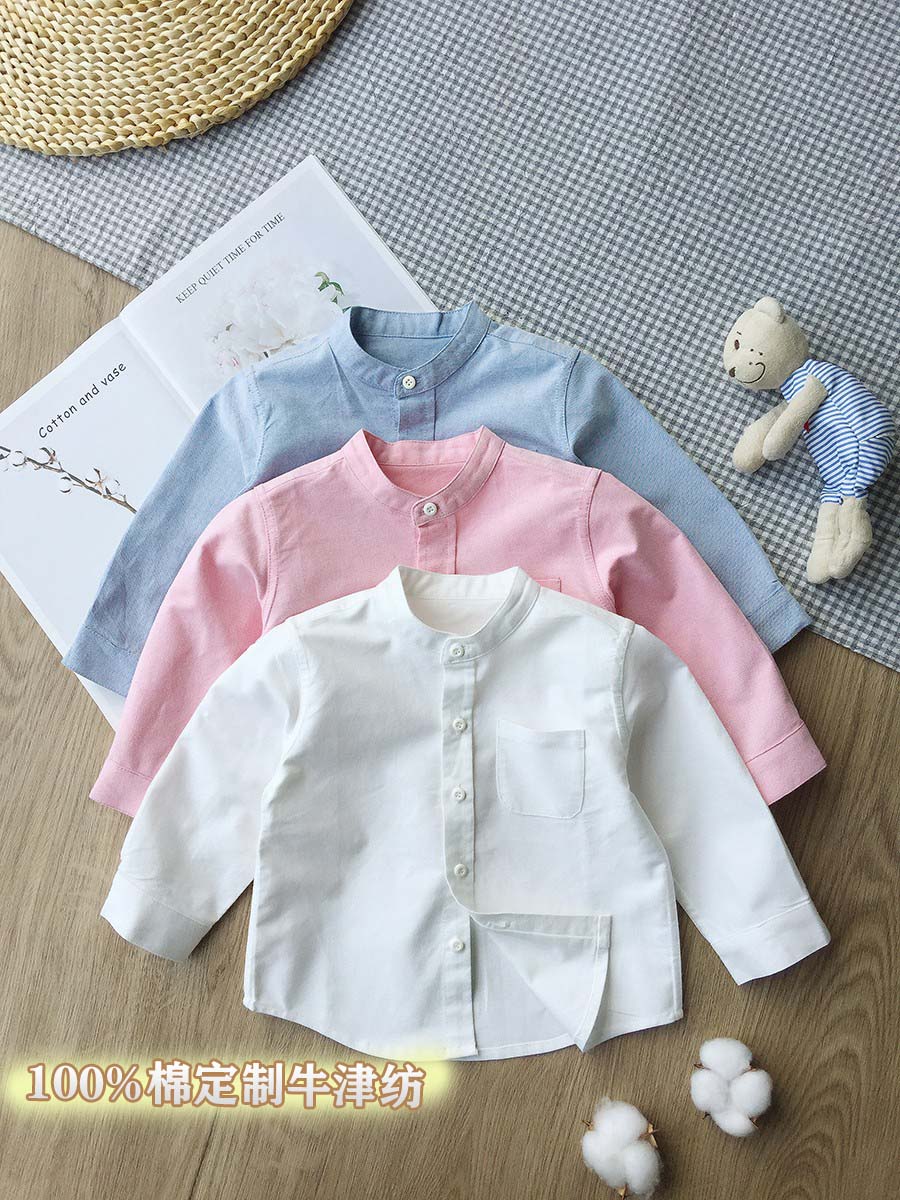 婴儿衣服儿童牛津纺立领长袖衬衫男童衬衣宝宝纯棉宝宝校服白衬衫