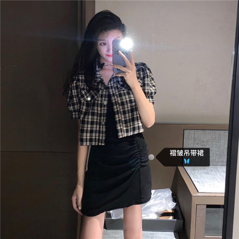 Real price ~ Sexy drape dress + retro Plaid short sleeve shirt coat