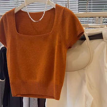 2025年夏季新款方领高级感T恤针织衫女软糯短袖设计感修身上衣薄