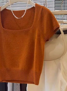 2025年夏季新款方领高级感T恤针织衫女软糯短袖设计感修身上衣薄