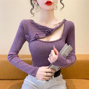 法式钉钻不规则上衣女秋冬款独特别致针织衫修身性感镂空打底毛衣