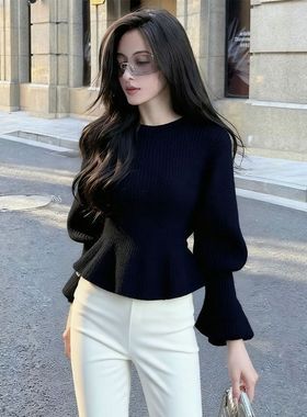 独特别致黑色纯色针织衫女装2026春秋气质高级感时髦洋气掐腰毛衣
