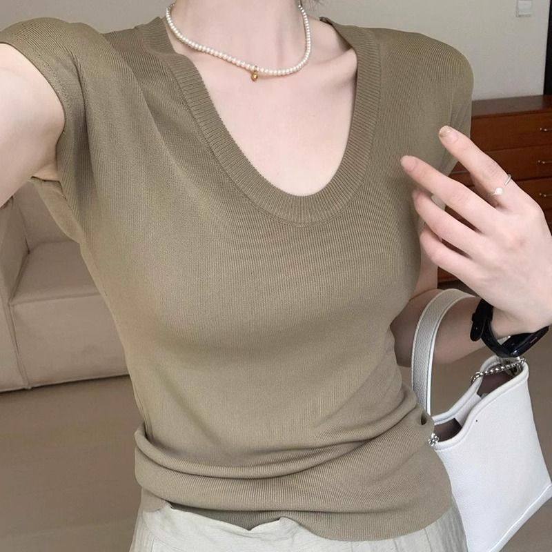 紫色U领针织冰爽丝T恤短袖女夏季薄款修身显瘦小飞袖感气质上衣,女装/女士精品,毛针织衫,淘宝优惠券,粉丝福利购,淘宝优惠卷