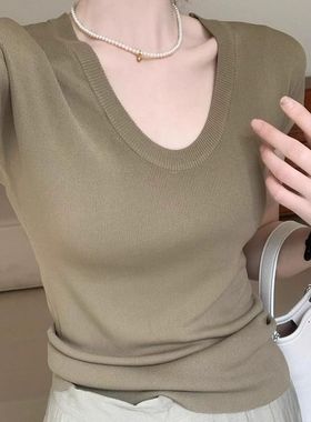 紫色U领针织冰爽丝T恤短袖女夏季薄款修身显瘦小飞袖感气质上衣