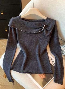 2026春秋冬新款温柔钉珠荷叶一字领纯色减龄松软显瘦针织衫上衣