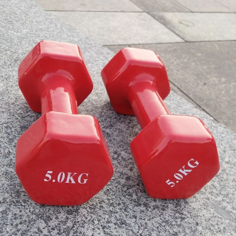 1KG2kg六角浸塑固定女士哑铃彩色包胶铸铁跳操小哑铃手铃健身器材