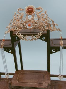 原创古风汉服婚礼龙母蝶贝明制发冠头饰珍珠流苏发簪仙气珠钗包邮