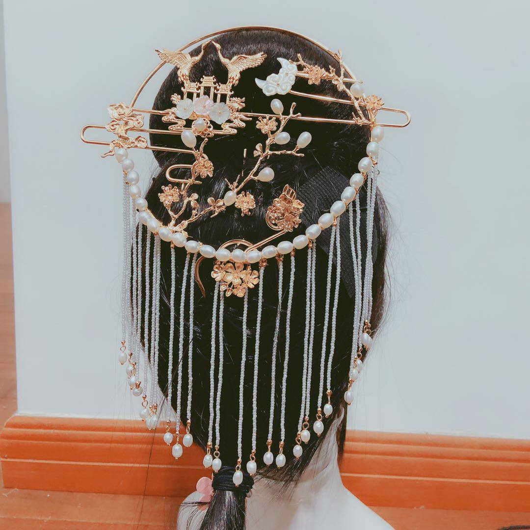 原创古风汉服蝶贝发冠圣母光环戏曲后压珍珠流苏发簪子仙气珠钗