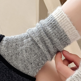 灰色羊毛袜子女款 加厚保暖拼接羊绒雪地袜百搭长袜女士中筒袜 冬季