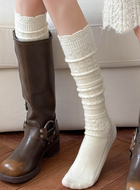 羊毛小腿袜女士奢华秋冬加厚保暖时尚暗花配长筒靴御姐复古堆堆袜
