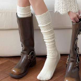 羊毛小腿袜女士奢华秋冬加厚保暖时尚 暗花配长筒靴御姐复古堆堆袜