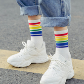4双彩虹条纹袜子女中筒袜春秋款 ins潮高帮长袜纯棉夏季 男运动长筒