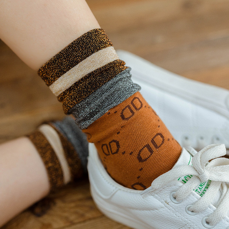 长袜子女士春秋金银丝薄款中筒纯棉ins潮春夏网红新款字母堆堆袜