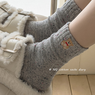 羊毛袜子女款 卡通御寒棉中筒袜 秋冬小熊咖色加厚保暖冬天可爱长款