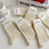 奶白色袜子女款 春秋粗线加厚保暖秋冬长款 英伦风运动秋冬外穿长袜