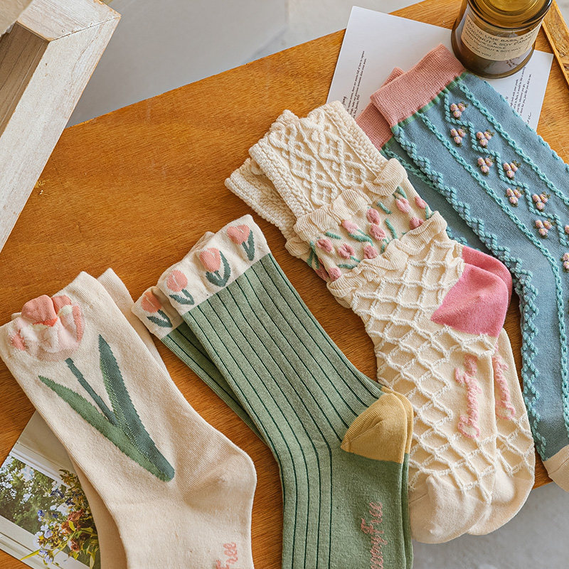 迭思防臭女棉小花中筒袜4双