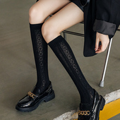 薄款 菱形格网眼小腿袜夏季 性感长筒 袜子女春秋款 黑色搭配乐福鞋