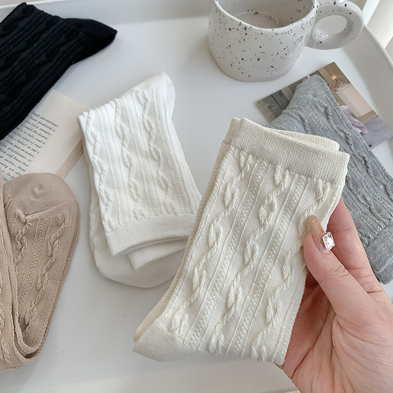 麻花袜子女士春秋季文艺百搭日系小清新中筒袜秋冬款纯色白色长袜