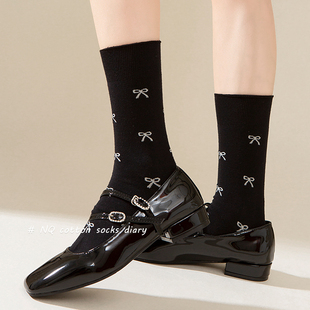 2024新款 蝴蝶结袜子女中筒黑色春秋季 个性 英伦风配小皮鞋 秋冬法式