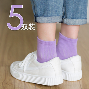5双袜子女春秋中筒袜彩色薄男百搭日系可爱短袜ins潮纯色夏季 紫色