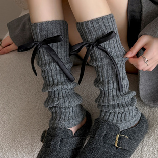 蝴蝶结小腿袜子女春秋冬季 堆堆袜纯色保暖加厚袜套 长筒袜配小皮鞋