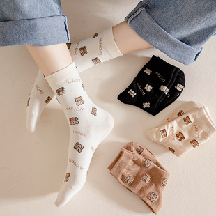小熊袜子女中筒袜春秋日系可爱个性 卡通学生ins潮秋天纯棉长筒袜