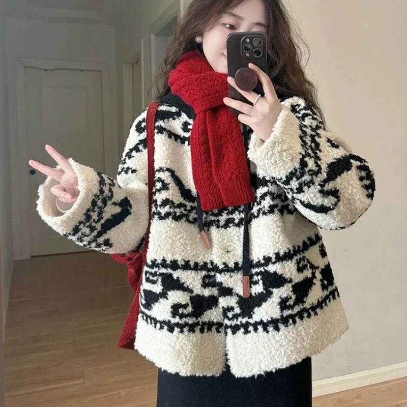 羊羔毛外套女新中式高级感连帽冬