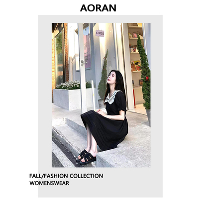 黑色法式氛围感拼接连衣裙女