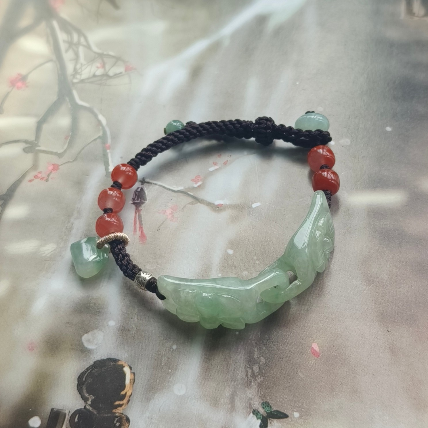 天然A货翡翠缅料雕刻环环相扣手牌手工编织手绳手链女新中式礼物