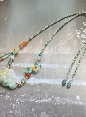 天然A货翡翠黄绿色缅料双莲花吊坠手工原创设计编织繁花项链中式