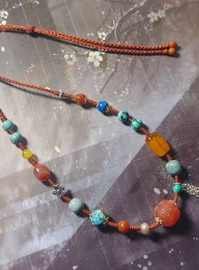 天然原矿宝山南红回纹珠绿松石多宝项链手工编织毛衣链新中式国风