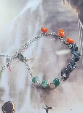 天然翡翠A货缅料乌鸡雕刻链条手工设计925银南红花手链中式风