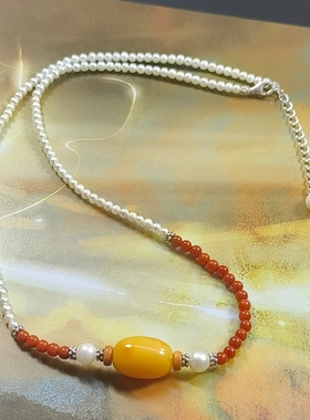 天然淡水珍珠南红小米珠锁骨链国风天然蜜蜡老花蜡枣珠项链百搭