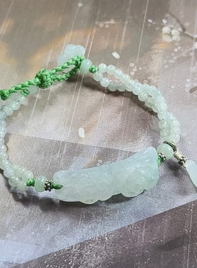 天然A货翡翠雕花手牌手工设计编织米珠手链新中式国风饰品可调节