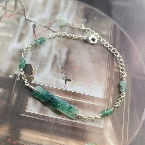 天然A货翡翠荷花小手牌925银手工设计多宝原创手链可调节新中式