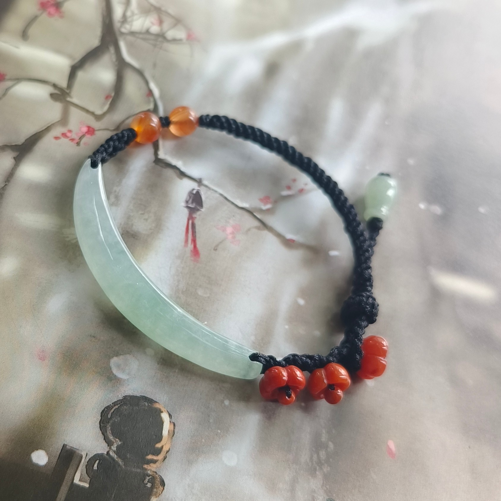 天然A货翡翠缅料冰晴手牌手绳手工编织南红碗花手链女款百搭中式图片