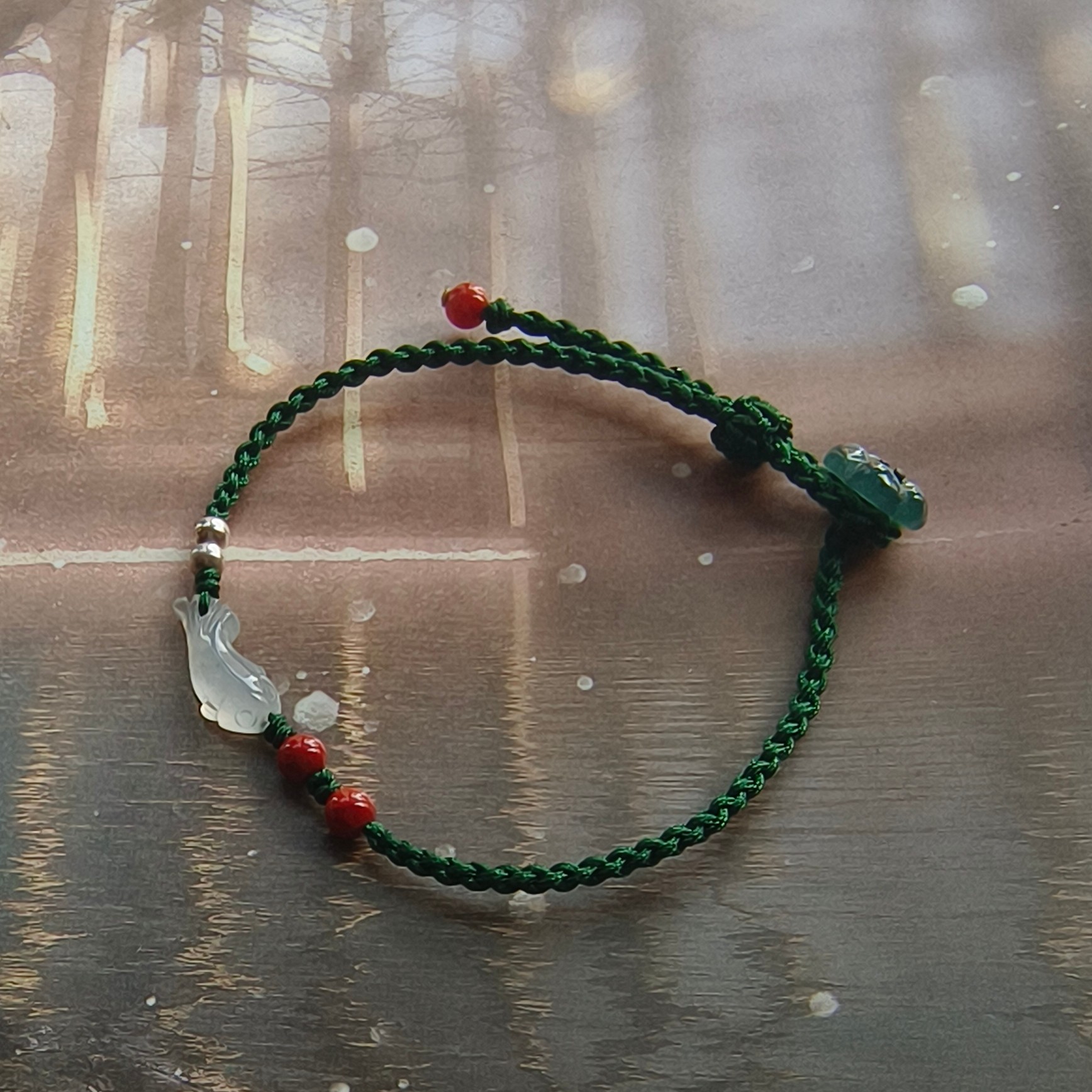 天然A货翡翠白冰小金鱼手工编织细手绳可调节新中式百搭女款中式