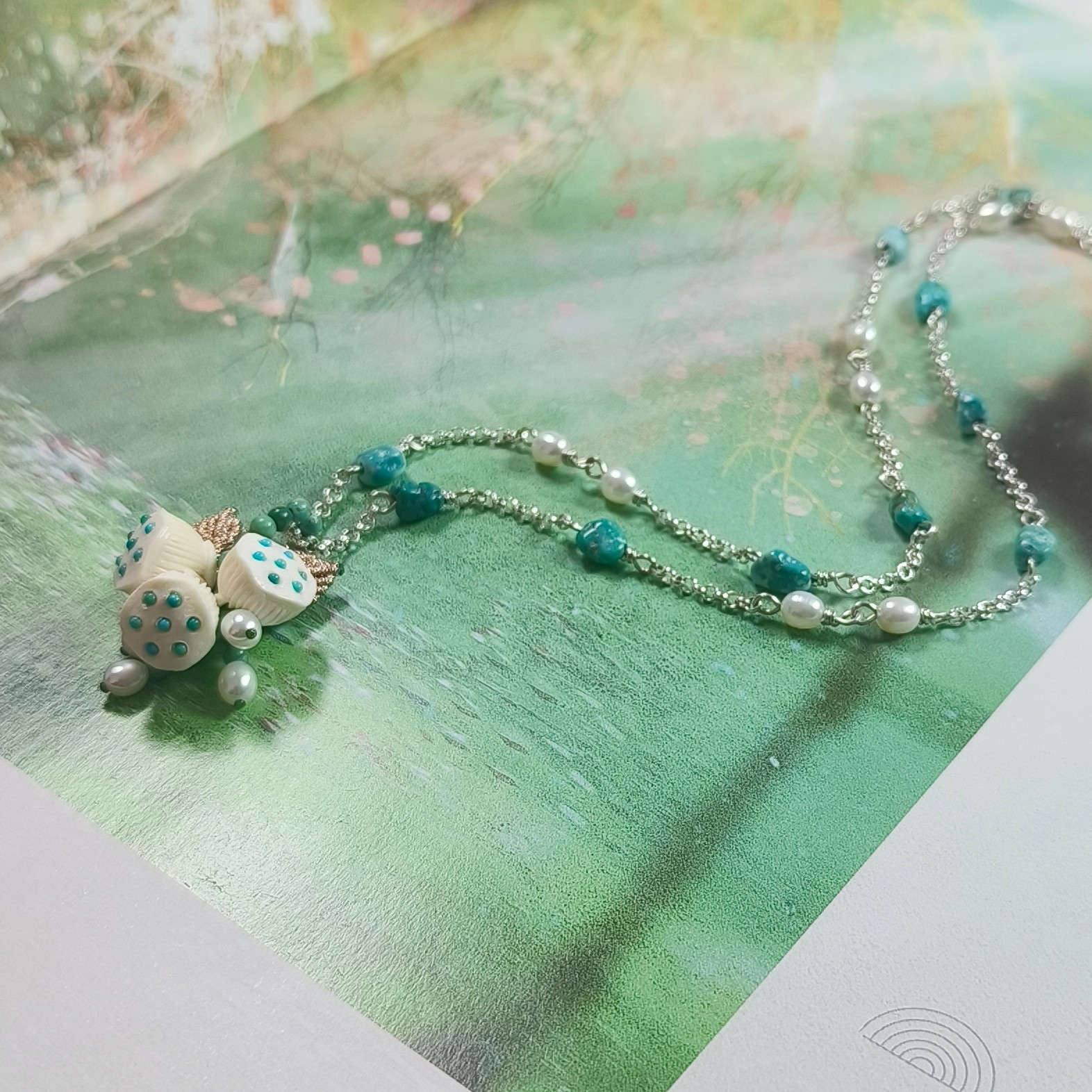 原创设计手工制作镶嵌绿松莲蓬吊坠925银绿松珍珠锁骨链新中式