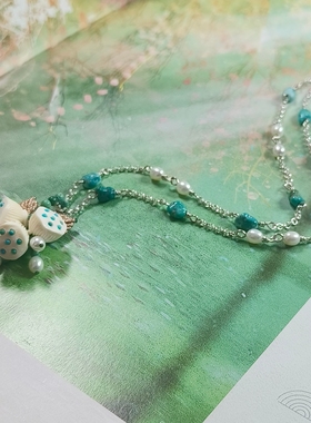 原创设计手工制作镶嵌绿松莲蓬吊坠925银绿松珍珠锁骨链新中式