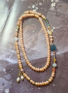 天然淡水珍珠橙色算盘珠翡翠蓝水双面莲花手工设计串珠毛衣链国风