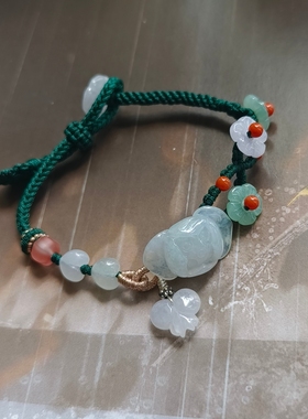 天然A货缅料翡翠白冰荷花原创设计编织梅花手链新中式百搭女款