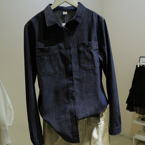 宽松复古单排多扣长袖牛仔双口袋