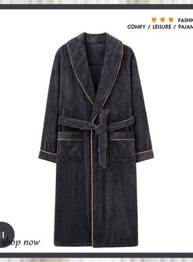 浪莎睡衣男法兰绒晨袍加厚加长款珊瑚绒睡袍冬季加绒保暖男士浴袍