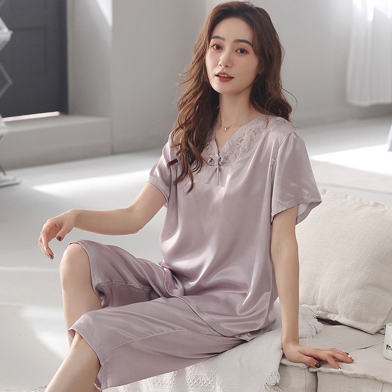 浪莎睡衣女夏季冰丝绸短袖七分裤仿真丝夏天大码可外穿家居服套装