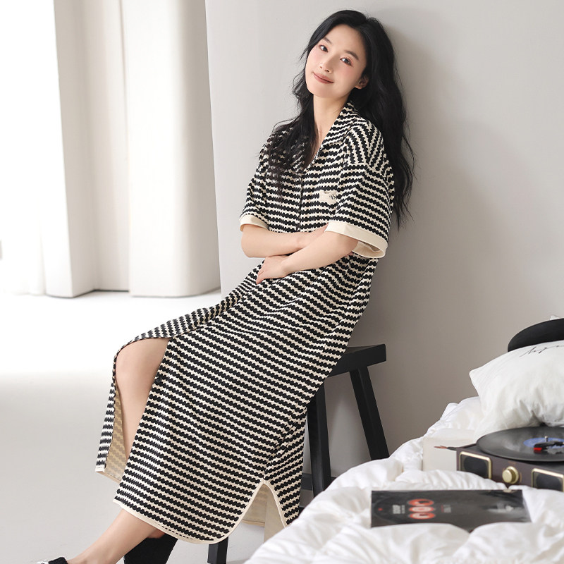 浪莎睡裙女夏季纯棉拉架短袖开衫家居服中长款条纹休闲可外穿睡衣