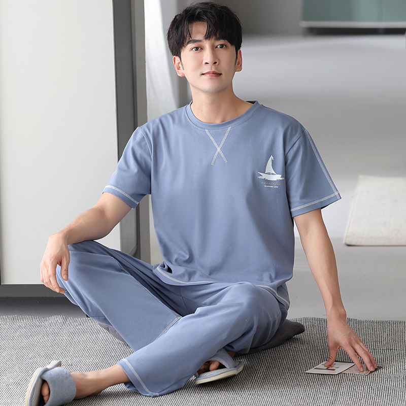 浪莎睡衣男士夏季纯棉短袖长裤可外穿休闲大码圆领全棉家居服套装