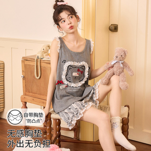 卡通家居服套装 背心短裤 带胸垫一体无袖 浪莎雪花棉睡衣女2026夏款