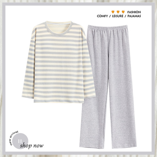 浪莎睡衣女纯棉长袖条纹休闲套装